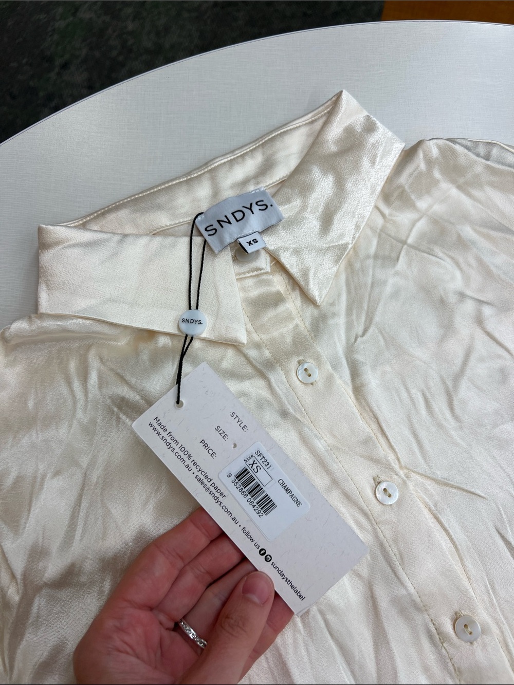 SNDYS. Revolve rising satin long sleeve shirt button down collared top champagne - Picture 6 of 11